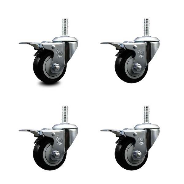Service Caster 3 Inch Black Polyurethane Swivel 58 Inch Threaded Stem Caster Set with Total Lock Brake SCC-TSTTL20S314-PPUB-BLK-58212-4 - main